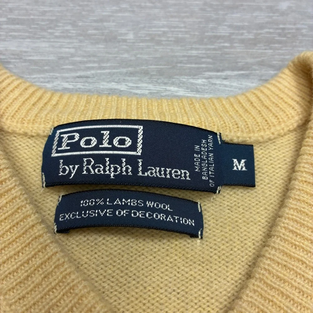 Polo Ralph Lauren V-Neck Sweater Mens Medium Yellow Lambswool Italian Yarn Pony